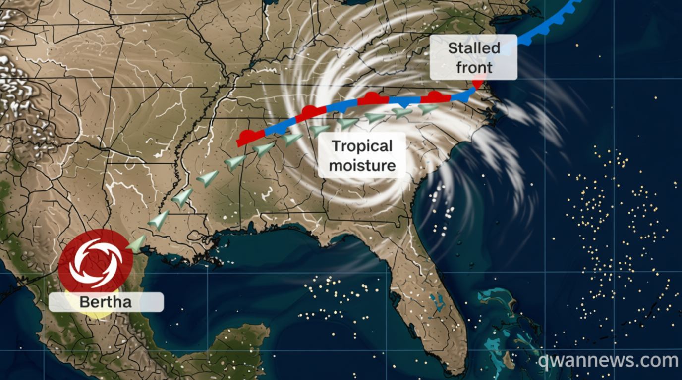 Tropical Storm Bertha moves inland over Texas-Louisiana border as it fuels flood threat in the East