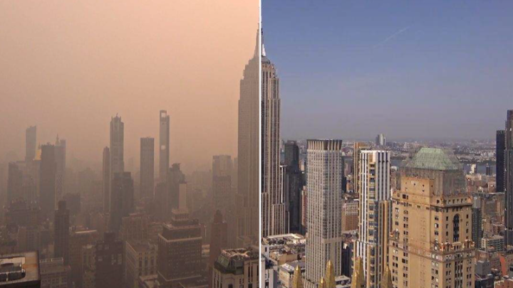 Before and after images: Wildfire smoke casts skylines in dystopian haze